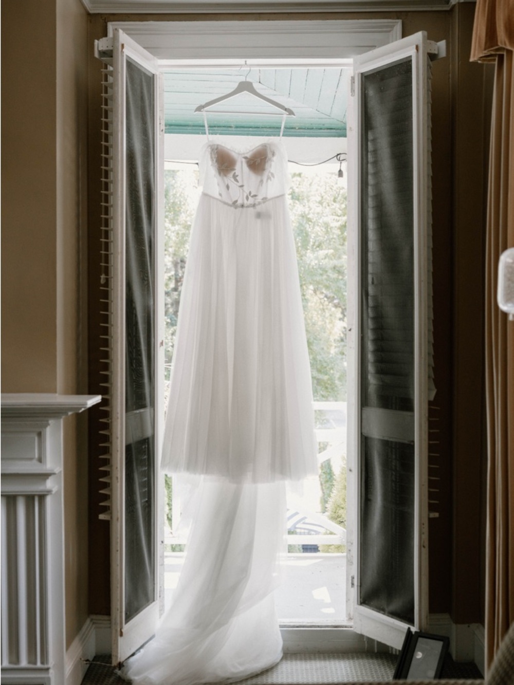 Sheer Floral Appliqué White Wedding Dress by